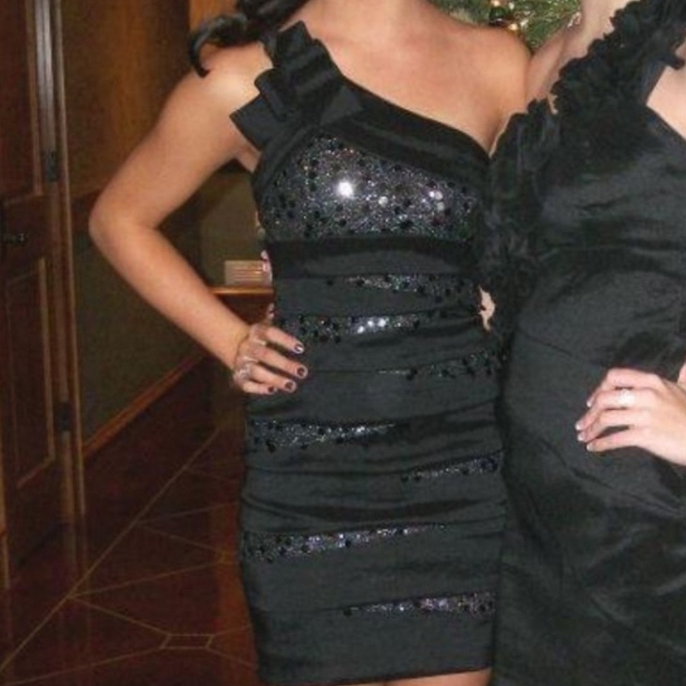 Betsy and Adam one shoulder bow black sequined mini cocktail dress